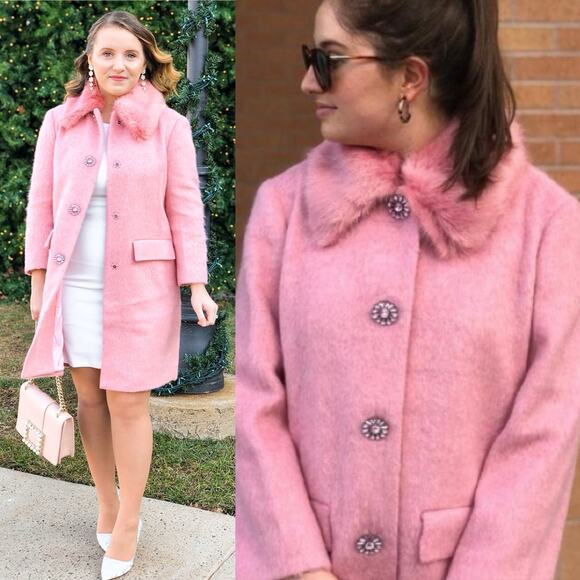 Kate Spade Tulip Pink Faux Fur Collar Crystal Button Front Wool Blend Coat sz 2 - Picture 2 of 11